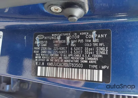 2013 Hyundai Tucson Gls z USA, uszkodzony, nr VIN KM8JUCAC8DU783503